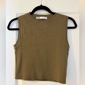 Zara Women's High Neck Copped Tank Top Olive Green